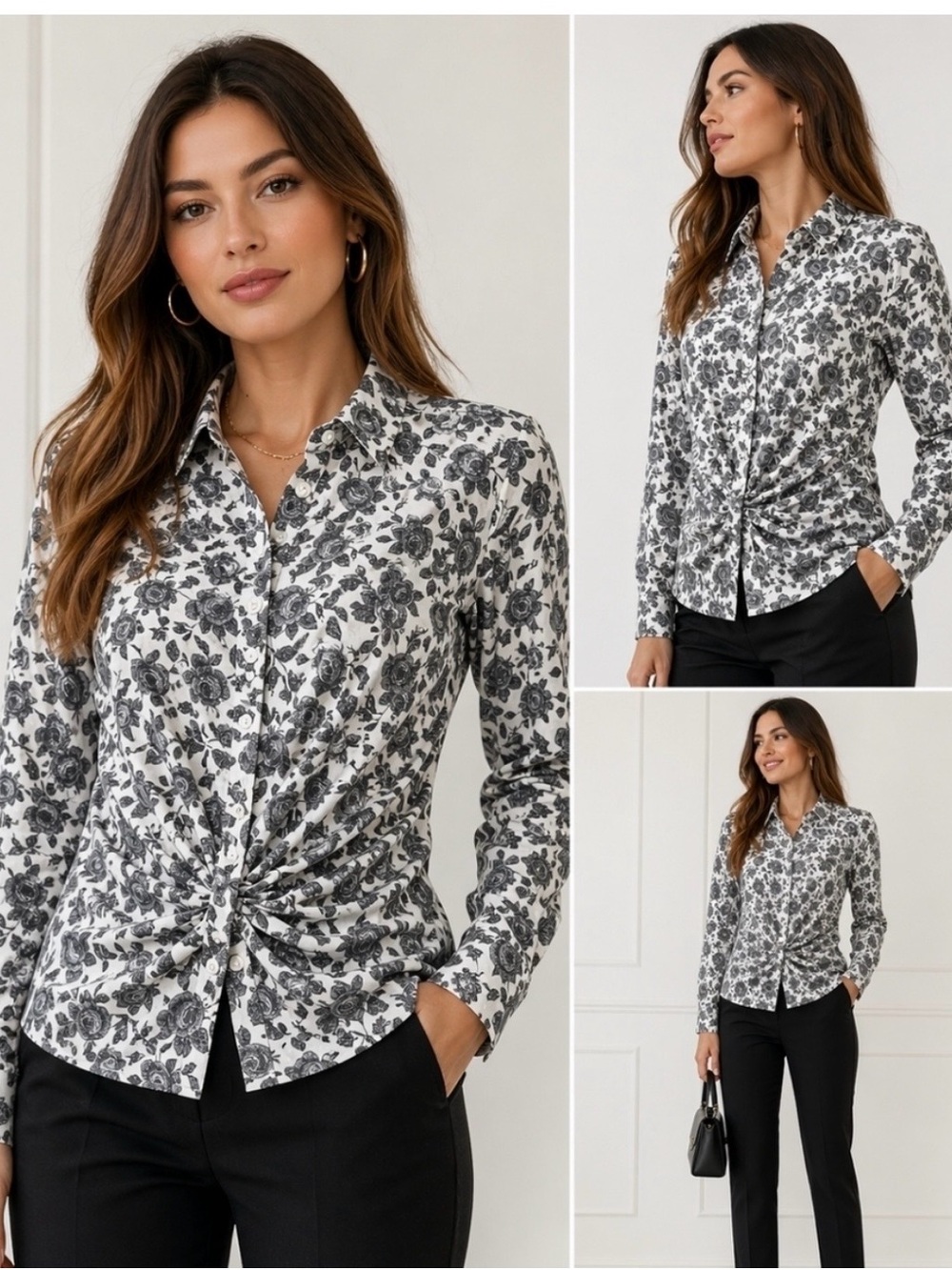 THAKOON Career Cottage Ruched Bodice Blk/White Floral Button-Up Cotton Blouse M